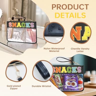 Burskit Snacks Bag Clear Chenille Varsity Letter Zipper Pouch Travel Makeup Bag Aesthetic Storage Organizer Pouches for Women with Glitter Patch Letters (Black-Snacks) - Image 3
