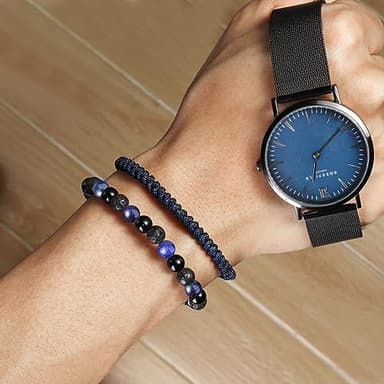 CARITATE Blue Beaded Bracelets for Men Boys - 6mm Lapis Lazuli Obsidian Lava Beads Mens Bracelet Set Mens Jewelry - Cool Anniversary Valentines Fathers Birthday Gifts for Him Boyfriend Husband Man - Image 2