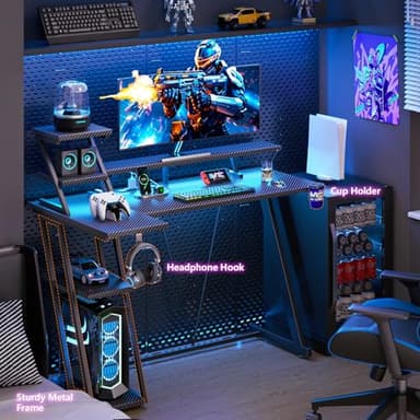 47 Inch Gaming Desk with LED Lights & Power Outlet, L Shaped Computer Desk with Storage Shelves, Gamer Workstations with Monitor Stand for Bedroom, Carbon Fiber Black - Image 6