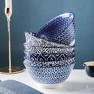 Selamica Blue and White Porcelain 20oz Cereal Bowl Set - Set of 6, 6 inch Soup Bowls, Ceramic bowls for Cereal, Soup, Salad and Pasta, Vintage Blue - Image 5