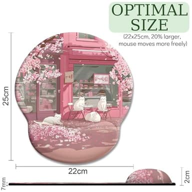 LIMKRIAN Cat Ergonomic Mouse Pad with Wrist Rest, Pink Cherry Blossom Computer Mouse Pad Wrist Support with Non-Slip Pain Relief PU Base, Cute Office Desk Decor Accessories Japanese Dessert House - Image 4