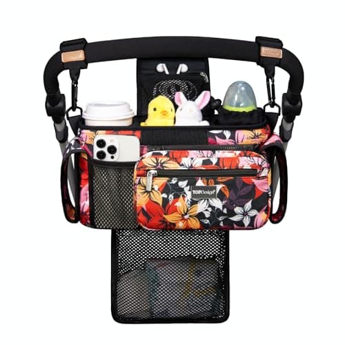 TOPDesign Universal Baby Stroller Organizer, Stroller Caddy with Detachable Mesh Bag & Heightened Insulated Cup Holders & Non-Slip Secure Hooks Accessories, Fits Most Strollers (Five Petal Flower) - Image 1