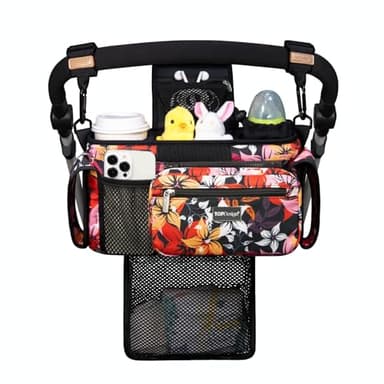 TOPDesign Universal Baby Stroller Organizer, Stroller Caddy with Detachable Mesh Bag & Heightened Insulated Cup Holders & Non-Slip Secure Hooks Accessories, Fits Most Strollers (Five Petal Flower) - Image 1