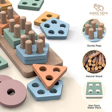 GOPO TOYS Montessori Toys for 1+ Year Old – Wooden Shape Sorter & Stacking Puzzle – Toddler Learning, Fine Motor Skills & Developmental Toy for Boys & Girls - Image 4