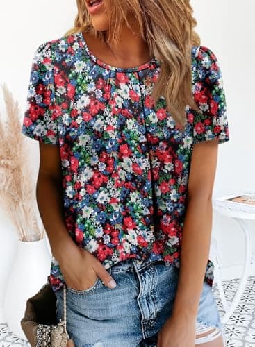 Angerella Ladies Shirts Flowy Summer Stretchy Daily T-Shirts Chiffon Floral Top Spring Summer 2025 Short Sleeve Trendy Crew Neck Dressy Casual Business Tunic Pleated Blouses XL - Image 5