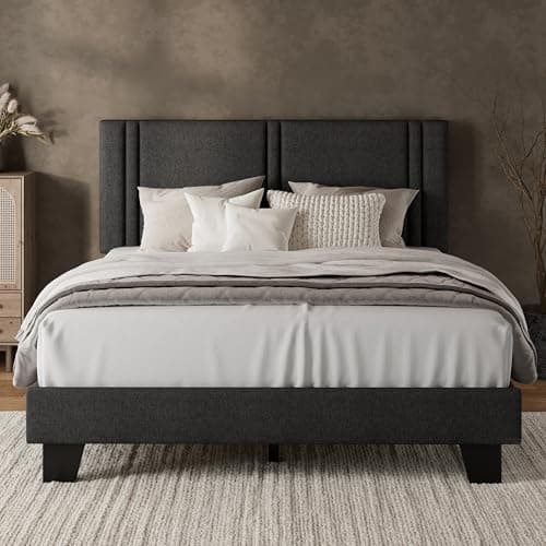 iPormis Queen Platform Bed Frame with Fabric Upholstered Headboard & Thickened Legs, Mattress Foundation w/Solid Wooden Slats Support, Noise Free, No Box Spring Needed, Dark Grey - Image 1