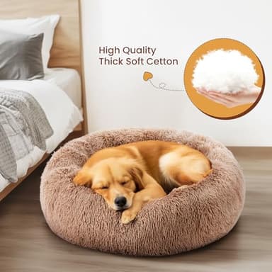 DUMOS Calming Donut Cat & Dog Bed for Small Dogs, Machine Washable Cuddle Warming Cozy Fluffy Faux Fur Plush Round Dog Bed, Anti-Anxiety Waterproof Anti-Slip Pet Bed, Brown, 20×20×8 Inches - Image 4