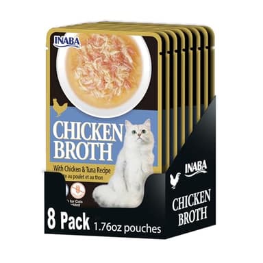 INABA Chicken Broth, Side Dish/Topper for Cats with Vitamin E, 1.76 Ounce Pouch, 8 Pouches Total, Chicken and Tuna Recipe - Image 1