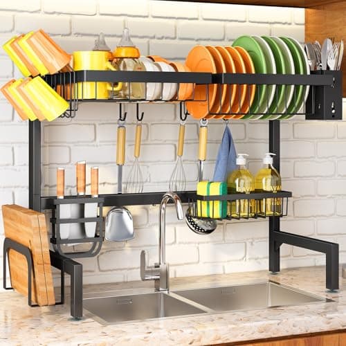 Over The Sink Dish Drying Rack - Adjustable Dish Rack for Kitchen Counter, Metal (Black) - Image 1