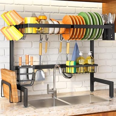 Over The Sink Dish Drying Rack - Adjustable Dish Rack for Kitchen Counter, Metal (Black) - Image 1