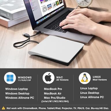 ROOFULL External CD DVD Drive for Mac Laptop, USB 3.0 & USB-C CD DVD Reader Writer Burner Player ROM/RW Portable Optical Disc Drive for Apple MacBook Pro, iMac, Windows 11/10/8/7 Computer PC, White - Image 4