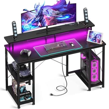 ODK 48 inch Gaming Desk with LED Lights & Power Outlets, Computer Desk with Monitor Stand & Storage Sheves, CPU Stand, Home Office Desk, Black - Image 1