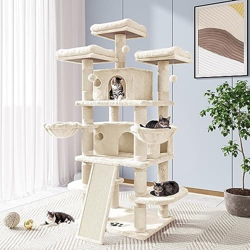 Allewie 68 Inches Cat Tree/House and Towers for Big Feline/Scratching Post/Multi-Level Large Kitty Climbing Tree with Condo/Beige - Image 1