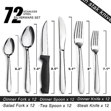 Pleafind 72-Pieces Silverware Set for 12, Flatware Set with Steak Knives, Stainless Steel Cutlery Set, Include Forks Spoons and Knives Set, Dishwasher Safe Utensil Sets for Home Restaurant - Image 2