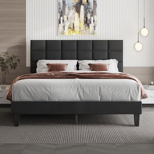 Lifezone Queen Bed Frame with Headboard Linen Upholstered Bed Frame with Wood Slats Support,No Boxing Needed,Heavy Duty Feet,Button Tufted Design,Easy Assembly,Dark Grey - Image 1