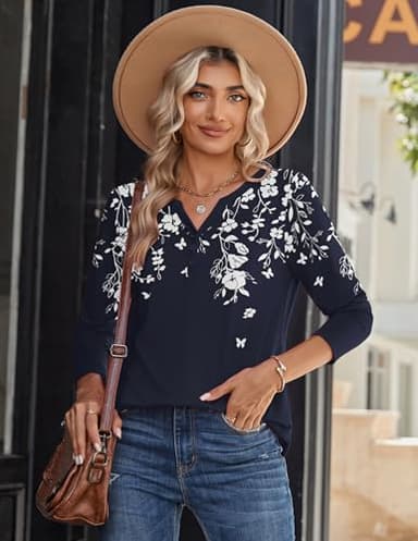 Zeagoo Summer Tops for Women 2025 Fashion Long Sleeve Shirts Boho Floral Clothes V Neck Tshirts Basic Work Blouses - Image 4