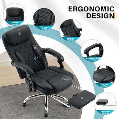 6-Point Massage Office Chair with Heated, Ergonomic Desk Chairs with Footrest & 135°Reclining High Back, Big and Tall Executive Offices Chair 500LBS, Thick Cushion Gaming Chair for Home Office, Black - Image 6