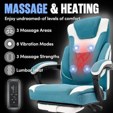 Massage Office Chair with Footrest,6-Point Vibration & Heat Executive Office Chairs,500LBS Big and Tall Fabric Office Chair,Ergonomic Desk Chair for Heavy People,Recliner with Padded Armrest,Bluewhite - Image 5