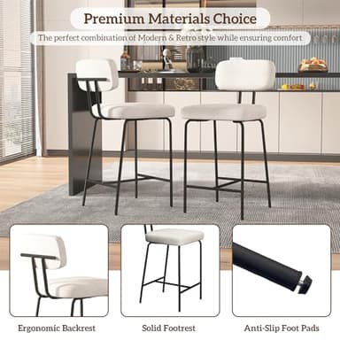 GXJ Counter Height Bar Stools Set of 4, 26" Fabric Kitchen Bar Stools with Back, Counter Barstools with Metal Legs, Bar Chairs for Kitchen Island, White - Image 4
