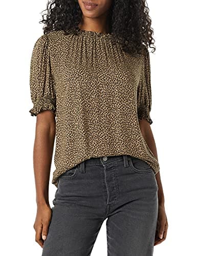 Amazon Essentials Women's Fluid Twill Short Puff Sleeve Smock Detail Shirt, Camel Micro Cheetah, Medium - Image 1