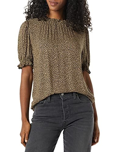 Amazon Essentials Women's Fluid Twill Short Puff Sleeve Smock Detail Shirt, Camel Micro Cheetah, Medium - Image 1
