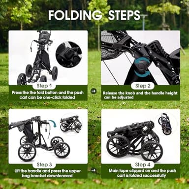 FLAGTAG Golf Push Cart 4 Wheels,Folding Golf Cart, Golf Pull cart with Cup Holder,Umbrella Holder,Cooler Bag, Foldable with one-Click,Handle Height Adjustable,Drink Holder,Walking Push cart - Image 5