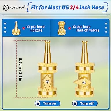 AUTOMAN Brass Hose Nozzle - High Pressure Jet Nozzle 4 Count (2 Set), Heavy Duty Water Hose Sprayer Sweeper with Hose Shutoff Valve, 3/4” GHT Nozzles for Garden Hose, Car Wash, Extra 10 Rubber Washers - Image 2