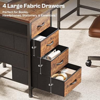 Huuger 63 Inch L Shaped Desk with Fabric Drawers, Computer Office Desk with Power Outlets and USB-C Port, Corner Desk with Storage Shelves, for Gaming Work Study Home Office, Reversible, Rustic Brown - Image 6