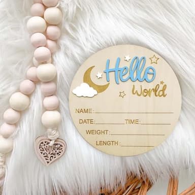 Baby Announcement Sign, 5.9 Inch Wooden Hello World Newborn Signs, Birth Announcement Sign and Pen, Moon and White Cloud Decoration, Welcome Newborn Arrival to World, Hospital Nursery for baby (Blue - Image 5