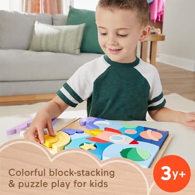 Fisher-Price Wood Preschool Toy Space Blocks Jigsaw Puzzle, 42 Wooden Pieces for Stacking & Sorting Play Kids Ages 3+ Years - Image 2