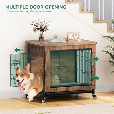 YITAHOME Dog Crate Furniture with Cushion, Dog Kennel Indoor with Wheels, 27" Dog Cage with Double Doors for Small Dog (Rustic Brown) - Image 4