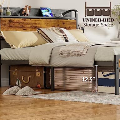 Furnulem Queen Bed Frame with Charging Station and LED Lights,Industrial Platform Beds Queen Size with Storage Headboard,USB Port,Rustic Wood and Strong Metal Support,No Box Spring Needed, Noise Free - Image 6