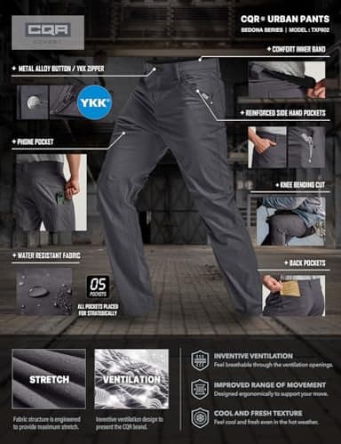 CQR Men's Vent Stretch Pants, Quick Dry Lightweight Casual Cargo Pants, Water Resistant Straight-Fit Utility Work Pants, Sedona Urban Pants Charcoal, 34W x 30L - Image 5