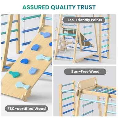 Upgraded Indoor Playground 9-in-1 Jungle Gym Kids Climbing Toys, Montessori Philosophy Waldorf Style Wooden Climber Playset with Slide, Swing, Monkey Bars, Upright/Rope Ladder, Climb Net, Blue - Image 4