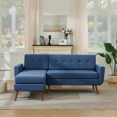 Tbfit L Shaped Couch Sofa, 80" W Mid-Century Modern Sectional Couches, 3 Seater Sofas with Wide Chaise Lounge & Two Pillows,Button Tufted Upholstered Sectional Sofa for Living Room, Bedroom, Blue - Image 3