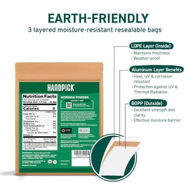 HANDPICK USDA Organic Moringa Powder (397g/14oz) Pure Moringa Oleifera Leaf Powder | Authentic Indian Origin | Gluten Free, Non-GMO | Perfect for Smoothies, Drinks, Tea & Recipes - Image 2