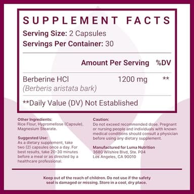 Luma Nutrition Berberine Supplement - Berberine HCL 1200mg Per Serving - Vegan, Gluten Free, Non-GMO - 60 Capsules - Image 6
