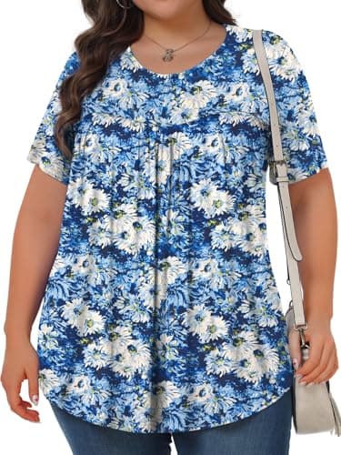 Womens Plus Size Tops Tunic Short Sleeve Crew Neck Shirts Casual Soft Blouse White Chrysanthemum 3X - Image 2