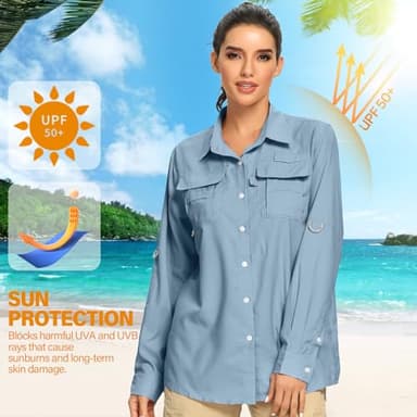 Women's UPF Long Sleeve Fishing Shirts Button Up Hiking Safari Shirts Sun Protection and Quick Dry,Light Blue,XXL - Image 5