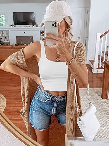 REORIA Women's Summer Sexy Basic Sleeveless Square Neck Fitted Seamless Yoga Cropped Tank Cute Crop Tops White X-Large - Image 4