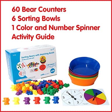 edxeducation Counting Bears with Matching Bowls | 60 Counters, 6 Bowls, 2 Spinners | Color Sorting Sensory Toys | Early Math Manipulatives - Image 2