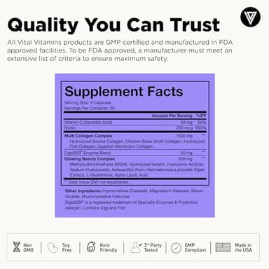 Vital Vitamins Multi Collagen Complex Plus - with Biotin, Hyaluronic Acid, Vitamin C - Type I, II, III, V, X - for Women & Men - Hair, Skin, Nails Beauty Complex - 150 Capsules - Image 6