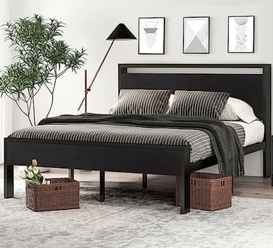 SHA CERLIN 14 Inch Queen Size Metal Platform Bed Frame with Wooden Headboard and Footboard, Mattress Foundation, No Box Spring Needed, Large Under Bed Storage, Non-Slip Without Noise, Black Oak - Image 3