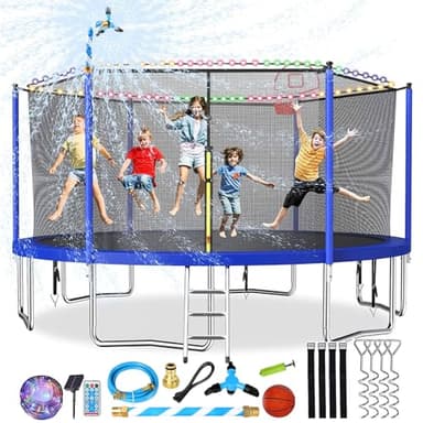 Lyromix Upgraded 14FT Trampoline with Lights, Large Outdoor Trampoline with Sprinkler,Basketball Hoop and Net, Capacity for 5-8 Kids and Adults, Midnight Blue - Image 1