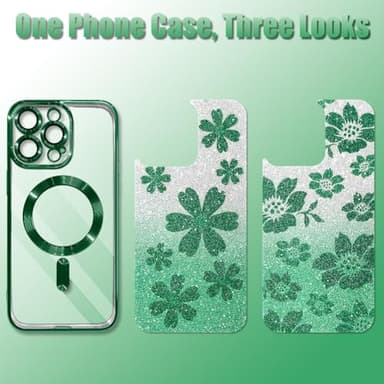 Illians Phone Cover Case Fit for iPhone 14 Pro Max Green | Compatible with MagSafe, Glitter Case, with Camera Protector, 2 Pieces of Flowers Floral Design, Soft, Shockproof, Anti-Scratch, for Women - Image 6