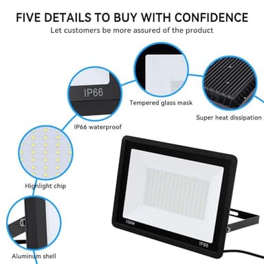 2Pack-150W LED Flood Light Outdoor,16500lm LED Work Light with 6FT US Plug,IP66 Waterproof Exterior Security Lights,6000K Daylight White Outside Floodlights Slim Design for Playground Yard Stadium - Image 2