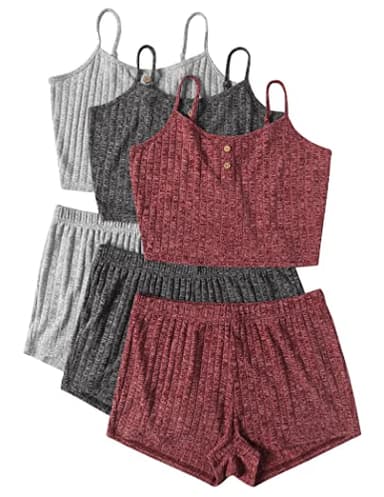 Ekouaer 3 Sets for Women Ribbed Pajamas Crop Cami Top and Shorts Pjs Casual Sleeveless Button Lounge Set Sleepwear Dark Grey/Wine/Grey,Small - Image 1