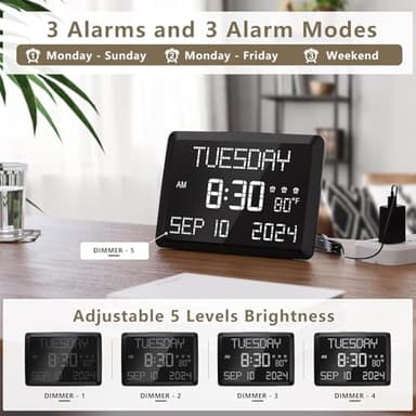 Raynic Digital Clock, 11.5" Large Display Calendar Clock with Day and Date, Indoor Temperature, Adjustable Brightness, Snooze,12/24H, DST for Home, Office, Elderly - Image 5