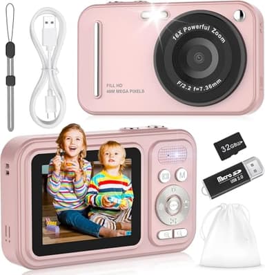 Digital Camera for Kids, WITYEAH 48MP FHD 1080P Point and Shoot Digital Cameras with 16X Zoom Anti-Shake, Compact Portable Cameras for Photography, for Boys Girls Teens Beginners-Pink - Image 1