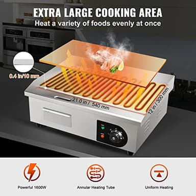 VEVOR Commercial Electric Griddle, 22", 1600W Countertop Flat Top Griddle, Stainless Steel Teppanyaki Grill w/Iron Cooking Plate, 122-572℉ Adjustable Temp Control 2 Shovels & Brushes, 110V - Image 3